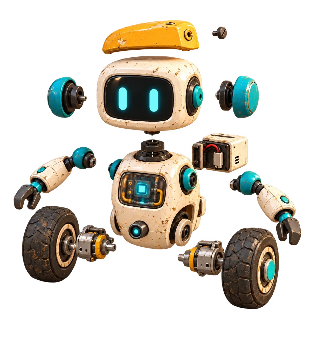 Rafiq taken apart: his cap, head, ear caps, arms, wheels, battery and body floating apart