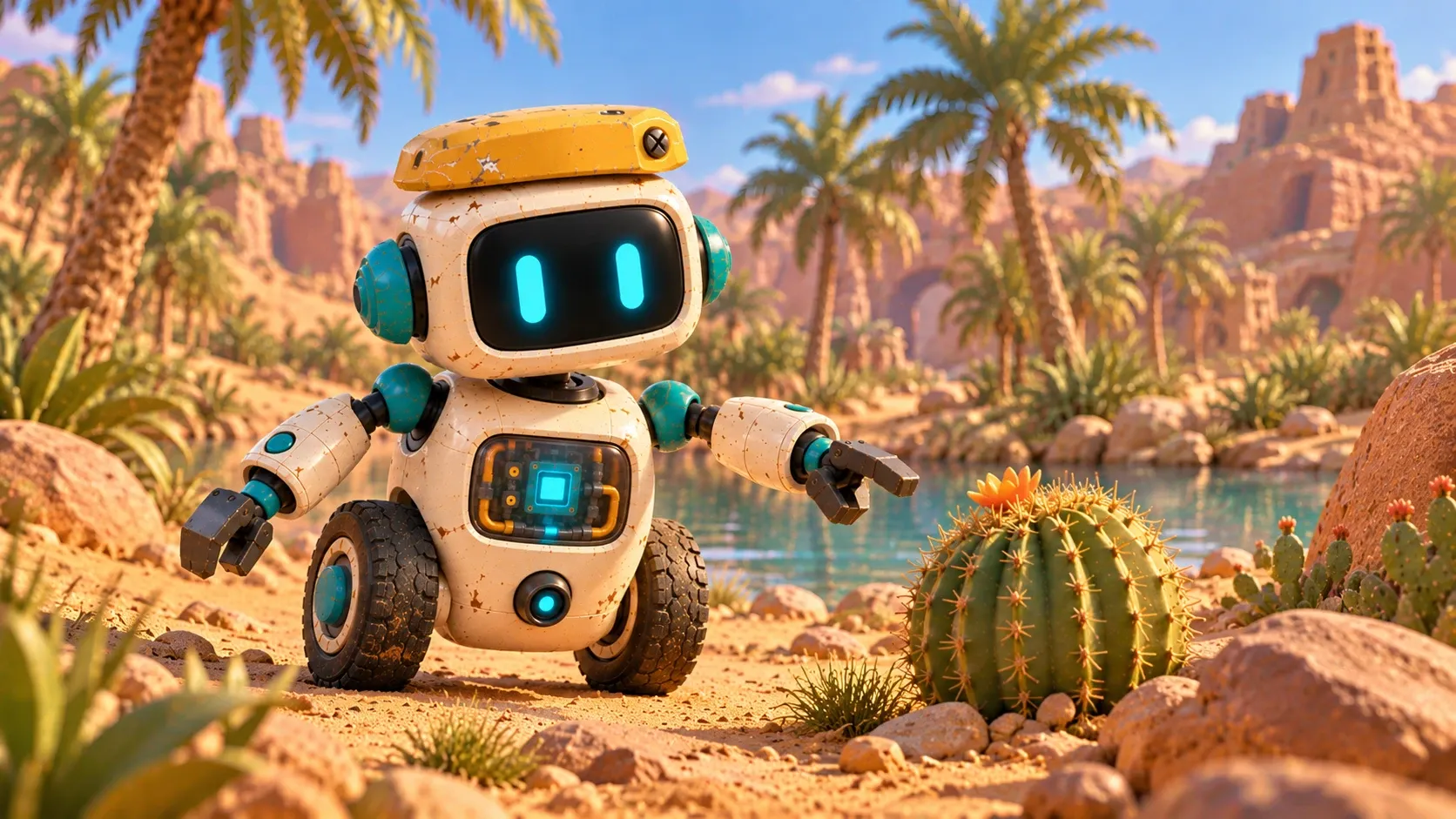 Rafiq at a desert oasis, pointing curiously at a cactus by the water